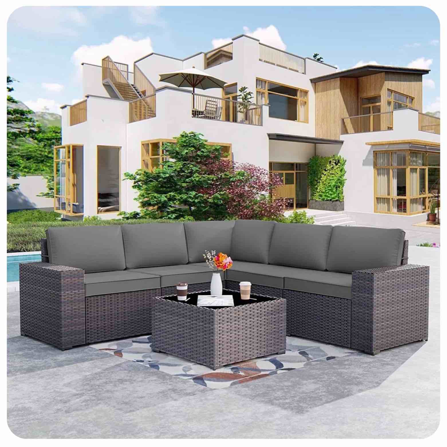 Patio Furniture Sets All Weather Outdoor Sectional Sofa, Wicker Rattan Patio Set with Cushion (Gray)