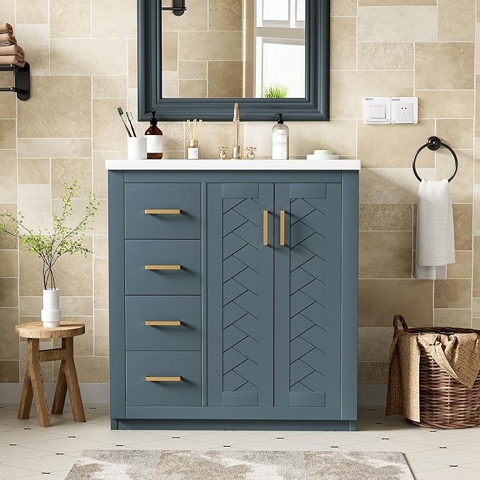 30 Inch Bathroom Vanity with Ceramic Sink, Modern Storage Cabinet with 3 Drawers and 2 Doors, Freestanding Bathroom Vanities, Soft Closing, Solid Wood Frame Grey/Slate-Blue