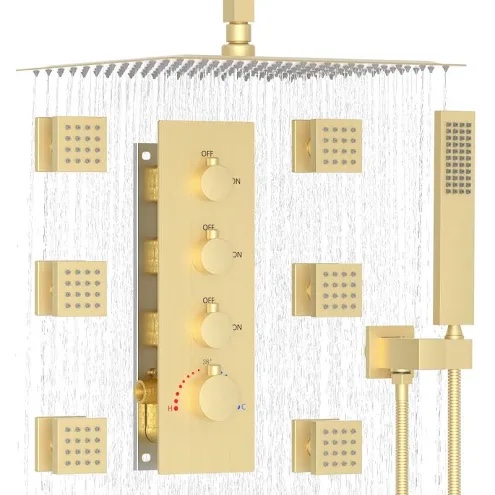 Enga Body Jets Shower System with On-Off Switch, 16 Inch Ceiling Rain Shower Head with Jets Shower Faucet Fixture Complete Set Brushed Gold Jets w/ Shutoff-16"Ceiling Brushed Gold