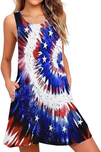 4th of July Women's Slessveless American Flag Stripes Summer Red White Blue Dresses (XXL)