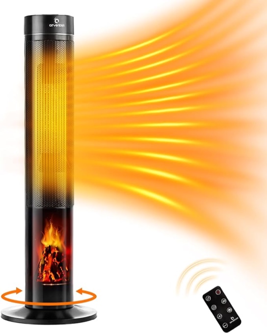 Airvention Electric Heaters for Indoor Use : 34" Ceramic Space Tower Heater with Remote, 3D Flame Realistic, Oscillating heating, 12 Timer, Energy Efficient Heater for Large Room Office Bedroom