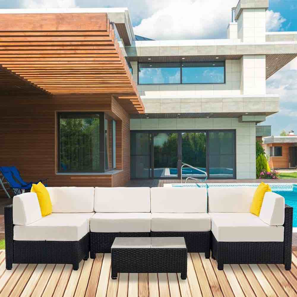 (INCOMPLETE, BOX 3 OF 4) Mcombo Patio Furniture Sets 7 Pieces Outdoor Wicker Sectional Sofa Set, PE Rattan Aluminum Frame Conversation Sets With Cushions