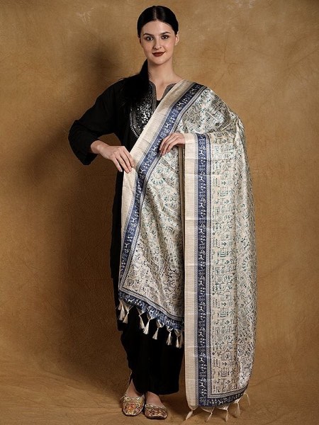 Art Silk Dupatta with Printed Folk Figures Inspired by Warli Art 