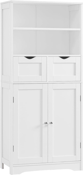 Iwell Tall Bathroom Cabinet, Storage Cabinet with 2 Drawers & Adjustable Shelves, Bathroom Storage Cabinet for Living Room, Bedroom, Home Office, White