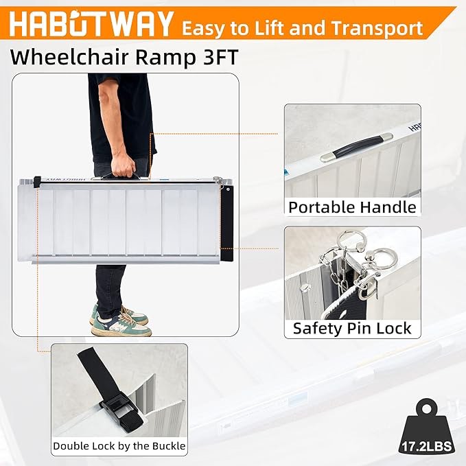 HABUTWAY Portable Wheelchair Ramp 3Ft,Non-Skid Handicap Ramp Holds up to 800Lbs,Threshold Ramp with Non-Slip Resistant Surface for Utility Mobility Access Portable Ramps for Steps,Home,Stairs,Doorways