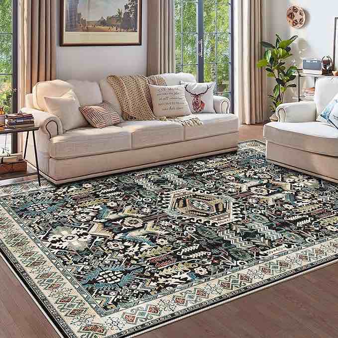 Washable Living Room Area Rug - 9x12 Large Bedroom Rug Distressed Oriental Non-Slip Non-Shedding Print Floor Carpet for Dining Room Kitchen (Black, 9 x 12)