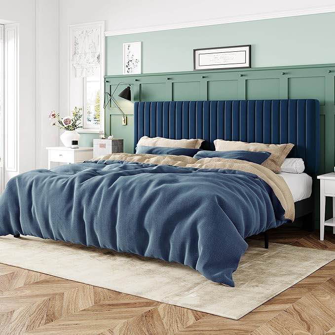 ((BOX 1 OF 2 ONLY)) Allewie King Bed Frame, Velvet Upholstered Platform Bed with Adjustable Vertical Channel Tufted Headboard, Mattress Foundation with Strong Wooden Slats, Box Spring Optional, Navy Blue