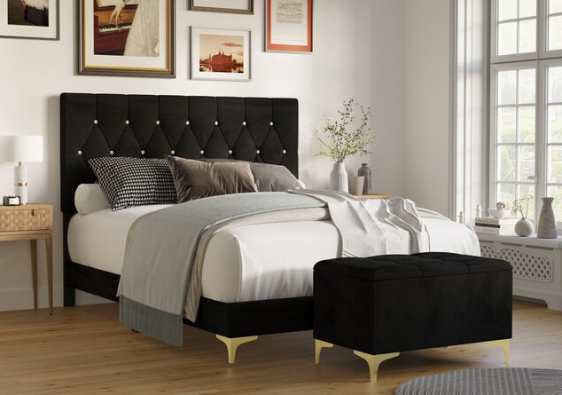 Black Velvet Upholstered Button Tufted Queen Bed, Complete! (Bench Sold Separately)