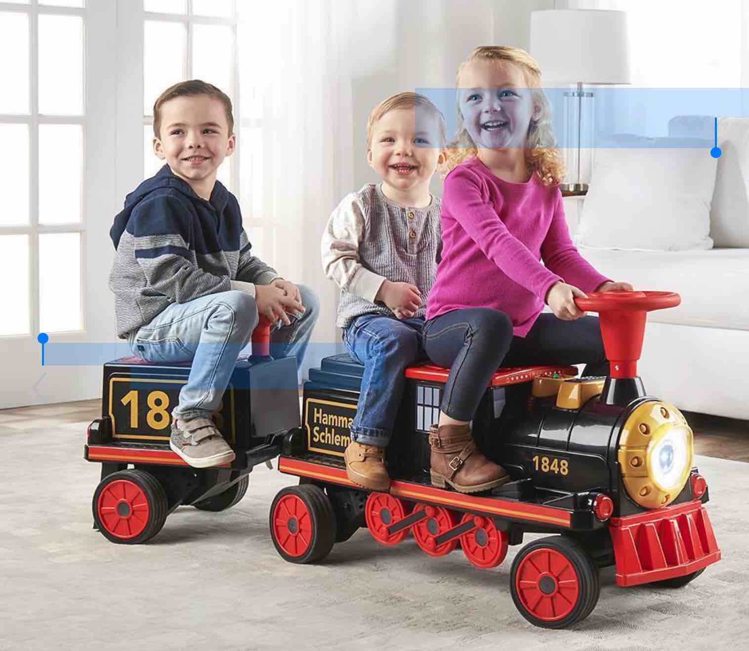 Choking Hazard CHOKING HAZARD--Small parts. Not for children under 3 yrs. The Hammacher Schlemmer Three Passenger Electric Ride On Train