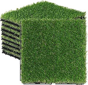 PANDAHOME 12 PCS Artificial Grass Tile Interlocking Floor Tiles, 12" x 12" Grass Deck Mats Tile, Fake Grass Turf Synthetic Grass Carpet for Indoor & Outdoor Patio Flooring, 12 sq. ft