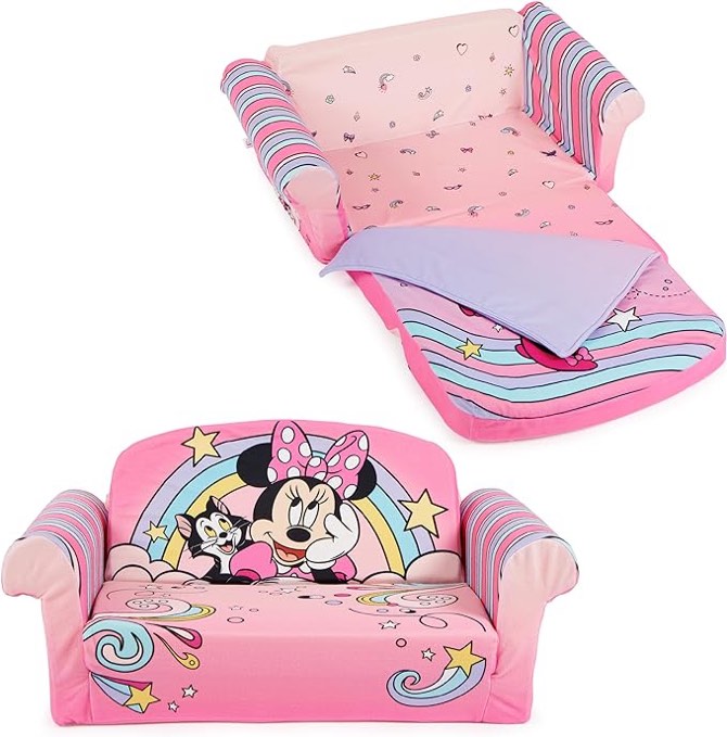 Marshmallow Furniture, Minnie Mouse 3-in-1 Slumber Sofa, Foam Toddler Nap Mat with Attached Blanket