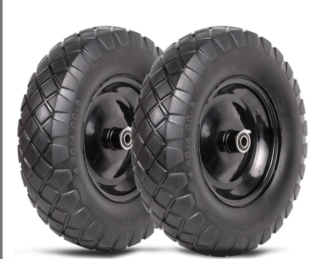 (2-PACK) 4.80/4.00-8" Flat Free Tire and Wheel - Universal Fit 14.5" Solid Wheelbarrow Tires with 3" Hub and 5/8" Bearings â€“ Extra Adapter kit includes 3/4" Ball Bearings, 1" and 1/2" Nylon Spacers