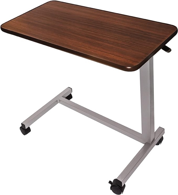  Roll over image to zoom in Vaunn Adjustable Overbed Bedside Table With Wheels (Hospital and Home Use), Walnut Brown