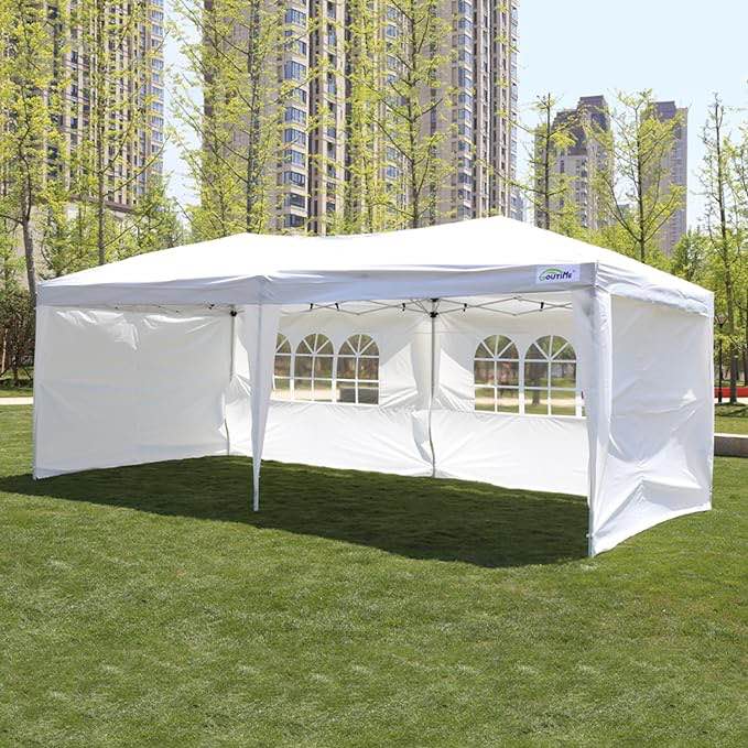 GOUTIME 10x20 Pop Up Canopy Tent with Sidewalls for Outdoor Christmas Party Events,White Easy Up Commercial Heavy Duty Large Gazebo Tents for Parties,Patio,Backyard