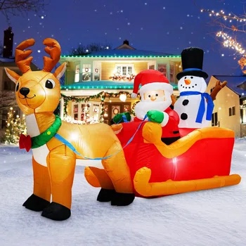 6.6FT Long Christmas Inflatables Santa Claus On Sleigh With Snowman And 