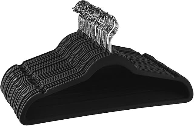 Elama Home 30 Piece Velvet Slim Profile Heavy Duty Felt Hangers with Stainless Steel Swivel Hooks in Black,30PC