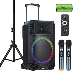 EXOTON 15 Inch Portable Rechargeable Speaker,1600W PMPO Active Powered Bluetooth Compatible System,Easy Carry Wheels, 2 Wireless Microphone