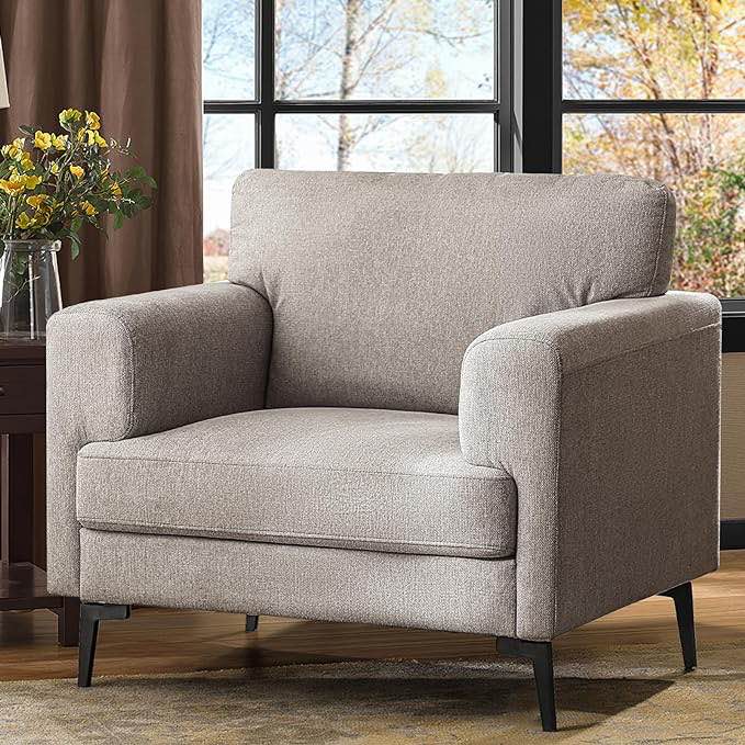 Oversized Accent Chair, Upholstered Living Room Chairs Single Sofa Chair w/Metal Legs, Comfy Linen Fabric Reading Lounge Armchair for Apartment, Bedroom, Office, Light Brown, 1PC