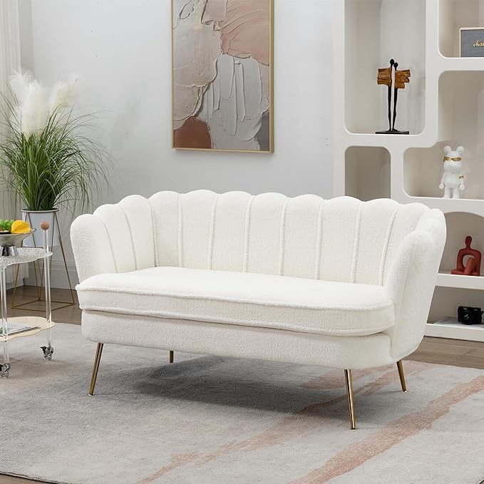 59" Wide Modern Chenille Loveseat Small Sofa Small Mini Room Couch Two-Seater Sofa with Gold aMetal Legs for Small Space Office Studio Apartment Bedroom Easy to Install Bedroom Small Sofa (Ivory)
