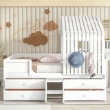 Full Size House Bed for Kids , Wooden Full Low Loft Bed with 4 Drawers, Full Storage Bed Frame with Roof and Windows ,Cabin Playhouse Bed for Girls, Boys ,No Box Spring Needed,White