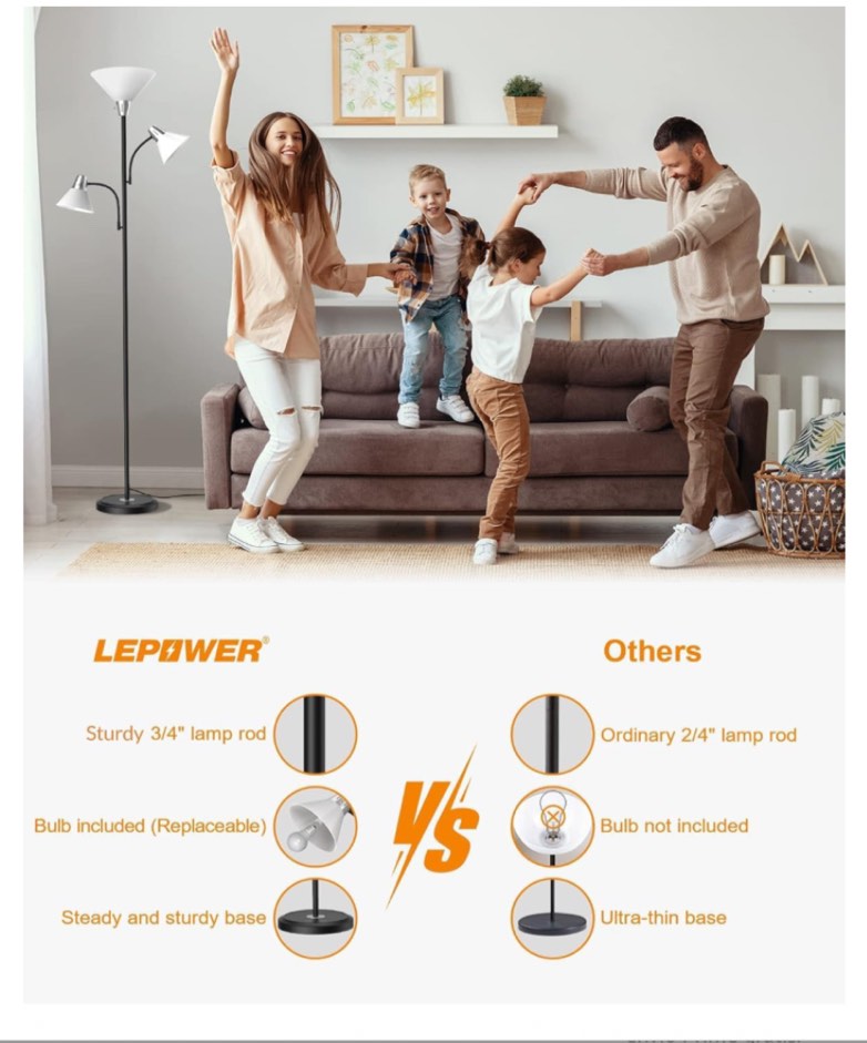 LEPOWER Lámpara de pie, lámpara de pie con bombillas LED reemplazables de 3000 K de ahorro de energía, lámpara de 9 W para sala de estar con luces de lectura ajustables de 5 W, lámpara de pie moderna(item is similar)