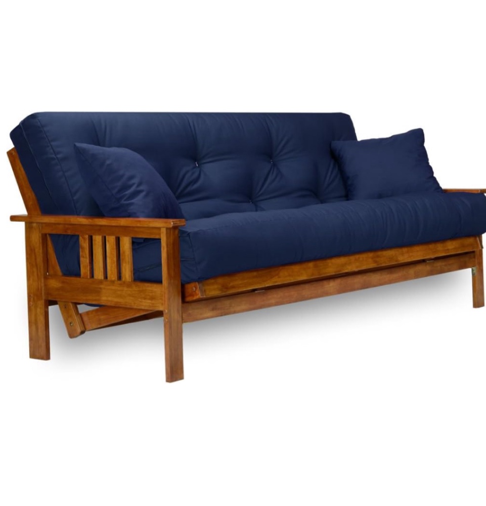 Nirvana Futons Stanford Futon Set - Full Size Futon Frame with Mattress Included (8 Inch Thick Mattress, Twill Navy Blue Color), Heavy Duty Wood, Popular Sofa Bed Choice(box one of 2)