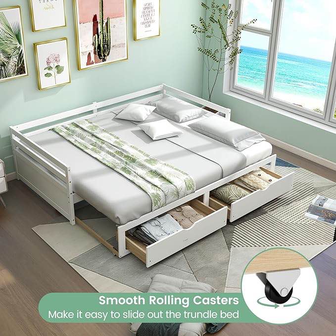 ((SIMILAR)) KOMFOTT Wood Daybed with Trundle, Extendable Twin to King Daybed Frame with 2 Storage Drawers, Space Saving Dual-use Sofa Daybed for Bedroom, Guest Room, No Box Spring Required (GRAY)