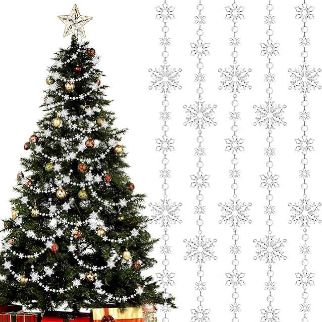 Christmas Snowflake Tree Garland Acrylic Snowflakes Hanging Garland Crystal Snow Flakes Ornaments for Tree Christmas Winter Theme Ornaments for Mantel Curtains Tree, 9.8 Ft/Each (Blue,4 Pcs) 4 Blue