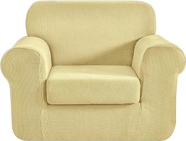 CHUN YI Stretch Armchair Sofa Slipcover 2 Piece Sofa Cover, 1 Seater Chair Slipcover Coat Soft Washable Furniture Covers with Elastic Bottom, Checks Spandex Jacquard Fabric, Small, Beige Small Beige