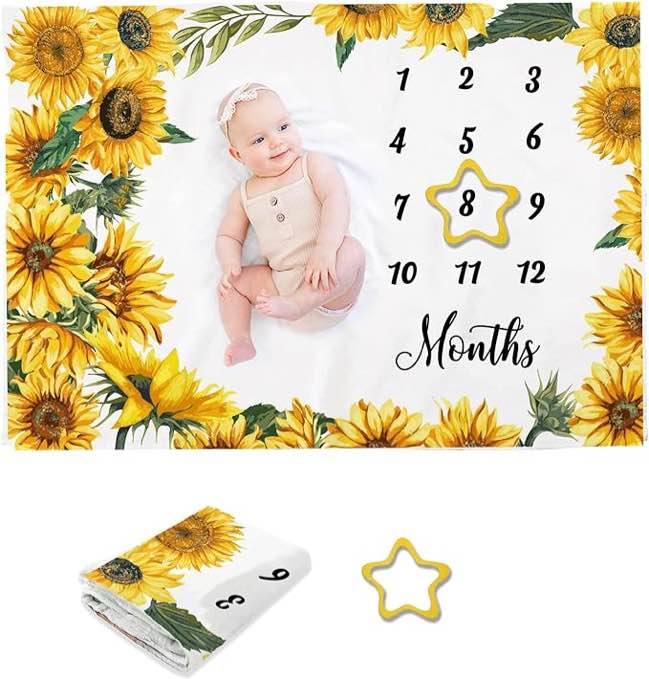 arricraft 1 Pc Milestone Blanket, Polyester Sunflower Monthly Milestone Blanket Soft Plush Photo Prop Blanket for Nursery Decor Photography Background Prop Decor