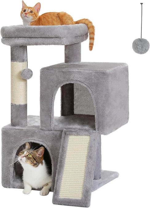 PAWZ Road Cat Tree, 30 Inches Cat Tower with Dual Condos for Indoor Cats, All-in-One Cat House with Padded Perch, Scratching Ramp and Posts and Replaceable Balls-Gray