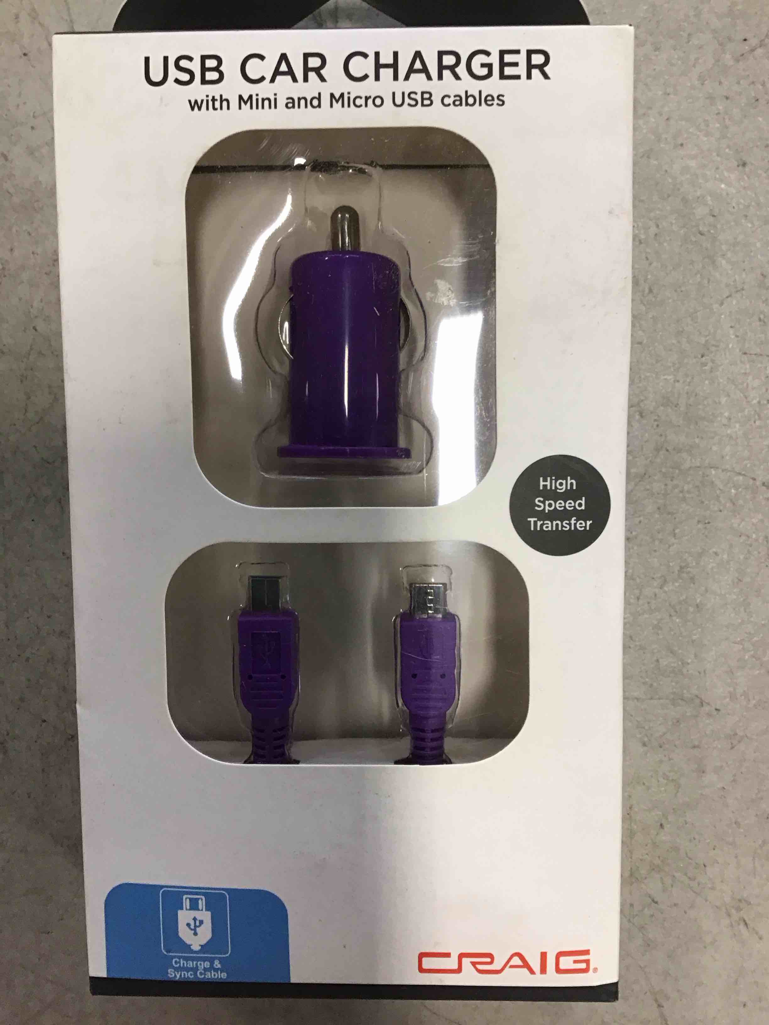Craig Electronics 3.3' Car Charger for Most USB/iPod/iPhone & Other Audio Devices - Retail Packaging - purple 
