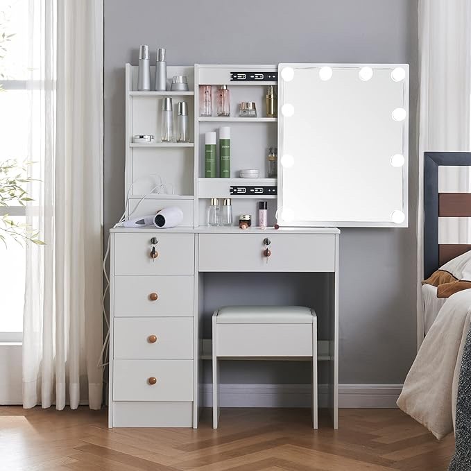 Vanity Dressing Table with Lighted Sliding Mirror and LED Bulbs Set,Makeup Desk with 5 Drawers with Cushioned Stool for Bedroom (H1906UK)