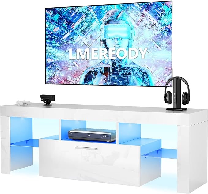 DMAITH TV Stand, Modern LED Gaming Entertainment Center with Large Drawer and Open Shelves, White TV Console Cabinet with LED Lights for Living Room, Bedroom