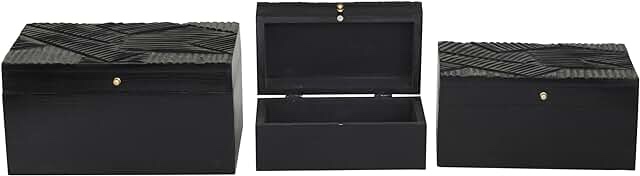 The Novogratz Wood Intricate Carved Box with Hinged Lid, Set of 3 12", 10", 9"W, Black