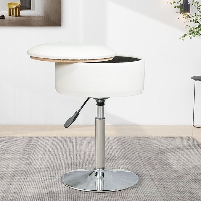 White Vanity Stool, Round Storage Ottoman for Living Room, PU Leather Vanity Chair for Makeup Room, Height Adjustable 360° Swivel Footstool