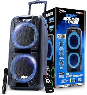 QAISE Portable Bluetooth Speaker & Karaoke Machine - Portable PA System with Wireless Mic, Professional Dual 10” Subwoofer with Lights, 7h Play time, 5000 Watts Peak Power - SonicBoomer X-BASS