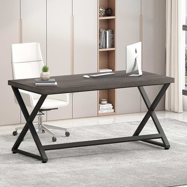 HSH Gray Computer Desk, Industrial Wood and Metal Home Office Desk, Farmhouse Rustic PC Laptop Desk for Executive Work Writing Study Gaming, Modern Simple Bedroom Computer Table, Light Grey Oak, 55 In