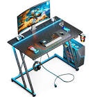 MOTPK Small Gaming Desk with LED Lights & Power Outlets, 31 Inch Computer Desk Gaming Table with Monitor Shelf, Gamer Desk with Carbon Fiber Texture, Kids Boys Desk Gift for Men