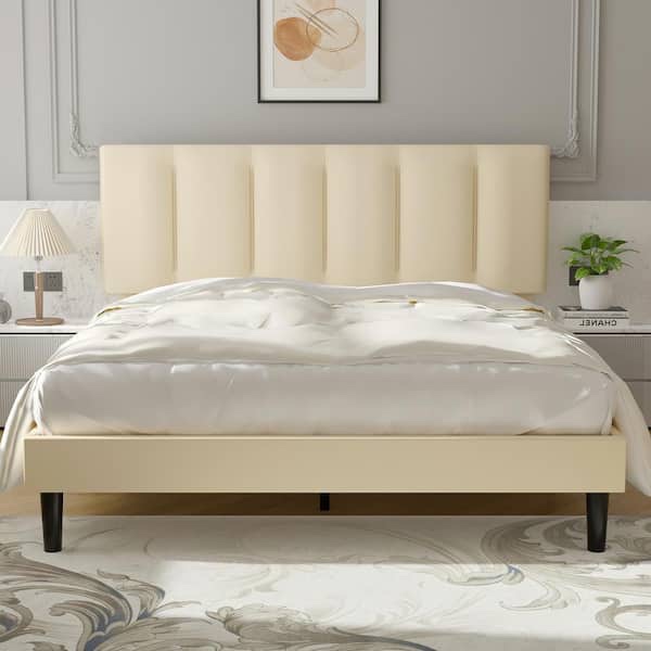 VECELO Upholstered Bedframe, Beige Metal Frame Twin  Platform Bed KHD-CY-TB04-BGE ( PACKAGING DAMAGED )