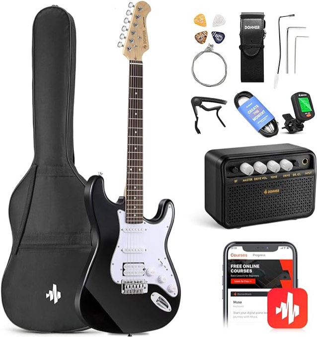 Donner DST-100B 39 Inch Electric Guitar Beginner Kit Solid Body Full Size Black HSS for Starter, with Amplifier, Bag, Digital Tuner, Capo, Strap, String,Cable, Picks Black 39" Right Handed