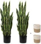 2 Set Large Fake Snake Plant 37 Inch Sansevieria Plant Artificial Snake Plants in Pots with Woven Basket Faux Mother In Law Tongue Plant - 30 Leaves Fake Laurentii for Indoor Outdoor Home Office Decor