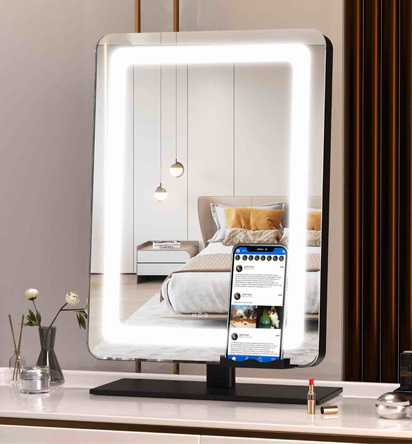 Hasipu Vanity Mirror with Lights, 16"Ã—12" LED Makeup Mirror, Lighted Makeup Mirror with Lights, Smart Touch Control Dimmable 3 Modes Light 360Â°Rotation Round Black