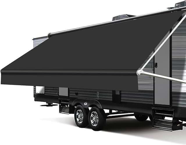 RV Awning Fabric Replacement, 18.5oz Heavy-Duty Weatherproof Vinyl Camper Awning Replacement Universal Outdoor Canopy for RV, Trailer, and Motorhome Awnings-Black -11'(Fabric 10'2")
