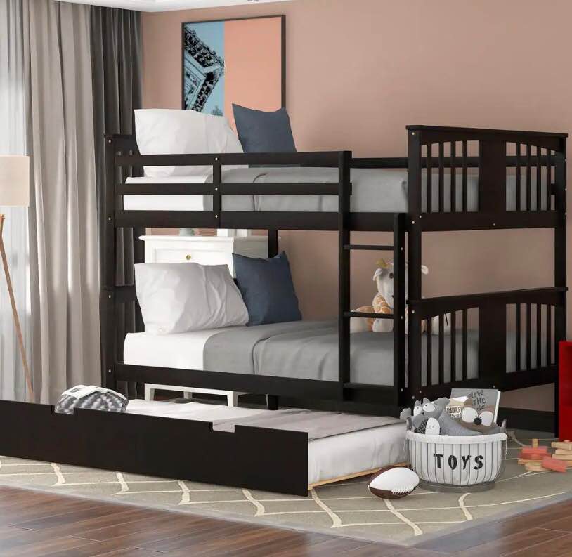 Harper & Bright Designs Espresso Full Wood Bunk Bed with Twin Size Trundle and Ladder