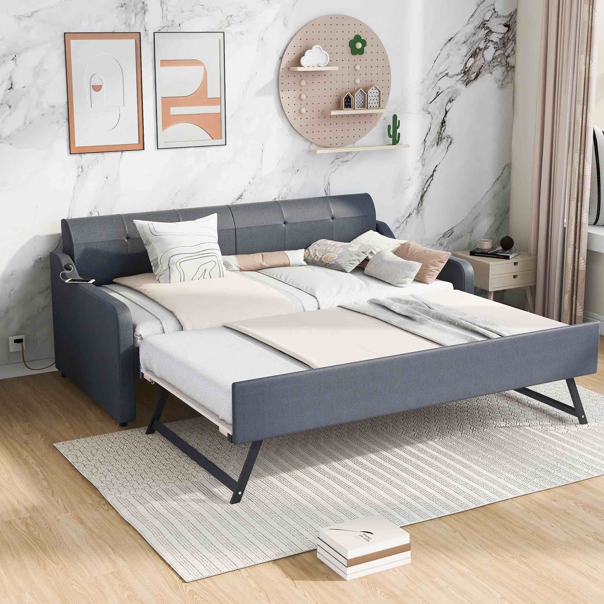 Dropship Twin Size Upholstery DayBed With Trundle And USB Charging