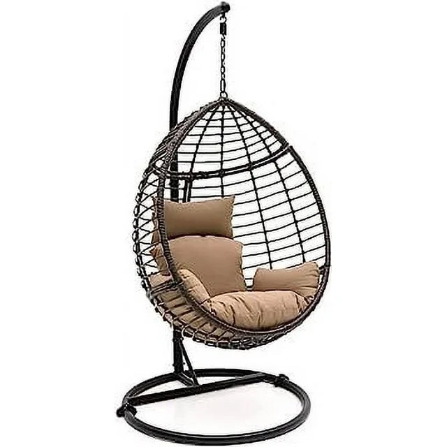 SereneLife Hanging Egg Indoor Outdoor Rattan Lounge Chair with Stand, Washable Cushions 