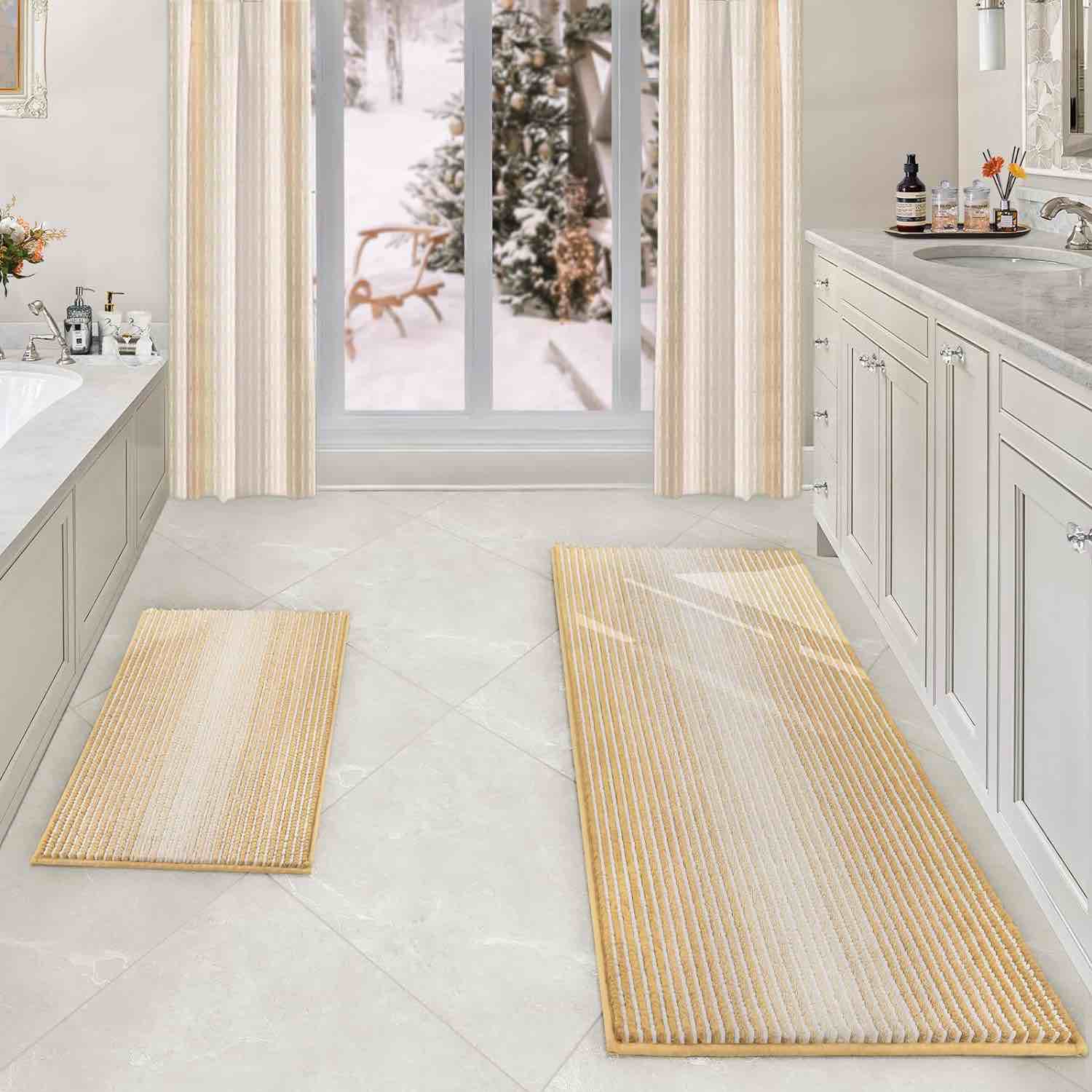 Bathroom Rugs and Mats Sets, 2 Piece Thick Absorbent Chenille Bath Mat Rug Set Non Slip, Soft Shaggy Bath Room Floor Mats for Bathroom, Machine Washable (20" x 47" Plus 20" x 32", Beige)