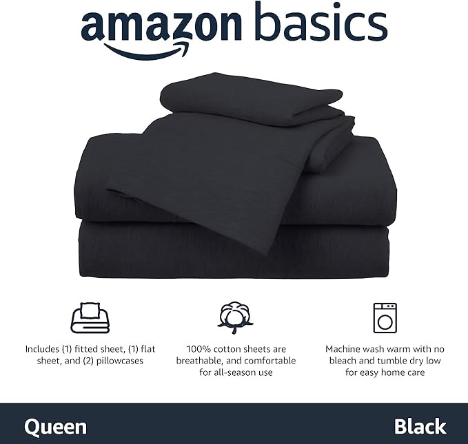 Amazon Basics Cotton Jersey 4-Piece Bed Sheet Set, Queen, Black, Solid Black Queen Sheet Set