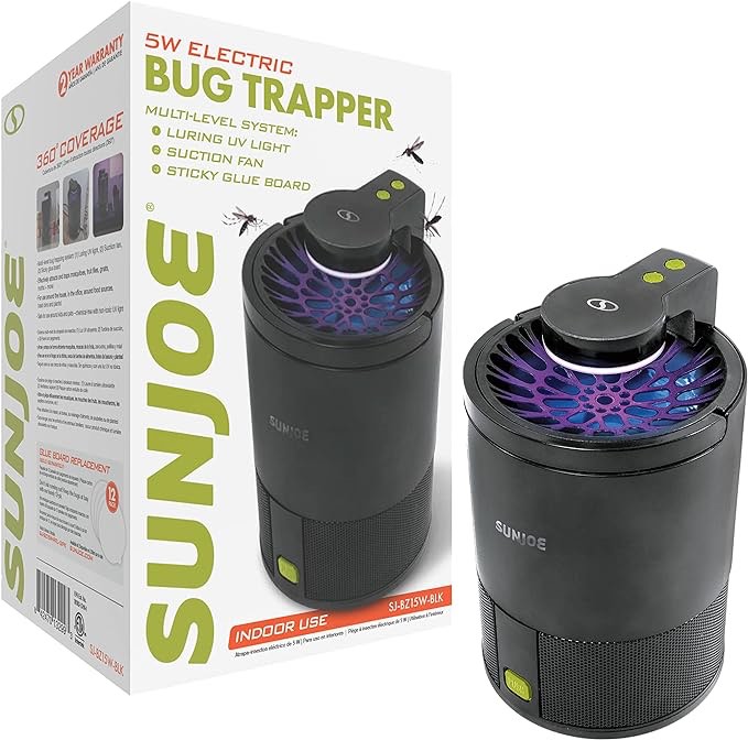Sun Joe SJ-BZ15W-BLK UV Indoor Insect Fruit Fly Trap for Small Flying Insects, Non-Toxic UV Light, Non-Zapper, Bug Light w/10-Sticky Glue Traps Included, Black Indoor Only Black